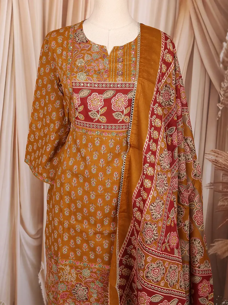 Mustard Floral Printed Cotton Palazzo Suit With Printed Dupatta 2