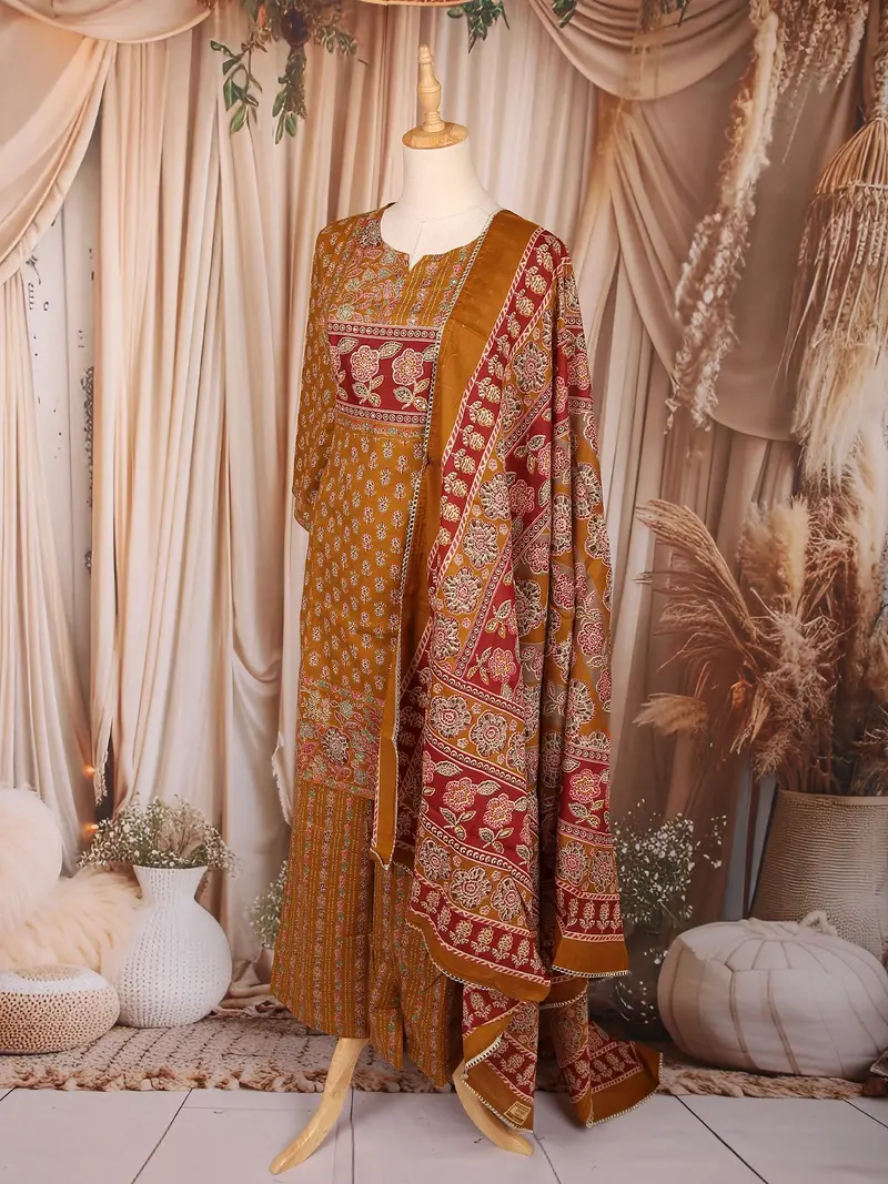 Mustard Floral Printed Cotton Palazzo Suit With Printed Dupatta 3