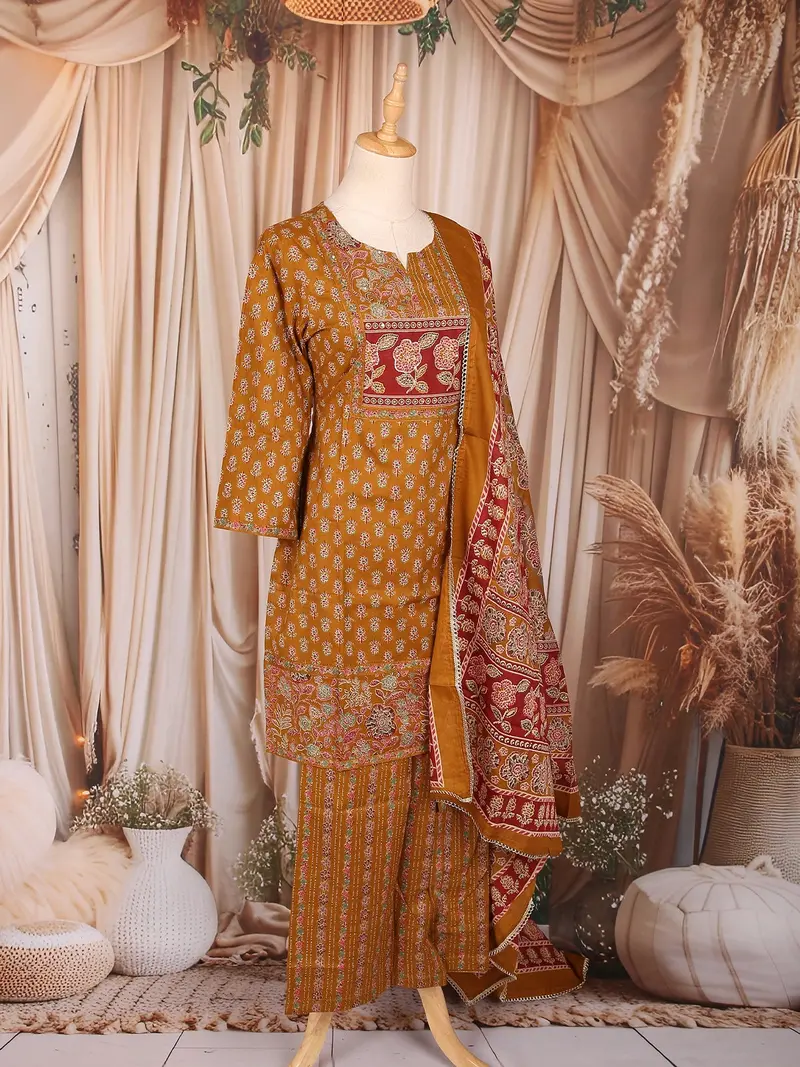 Mustard Floral Printed Cotton Palazzo Suit With Printed Dupatta 4
