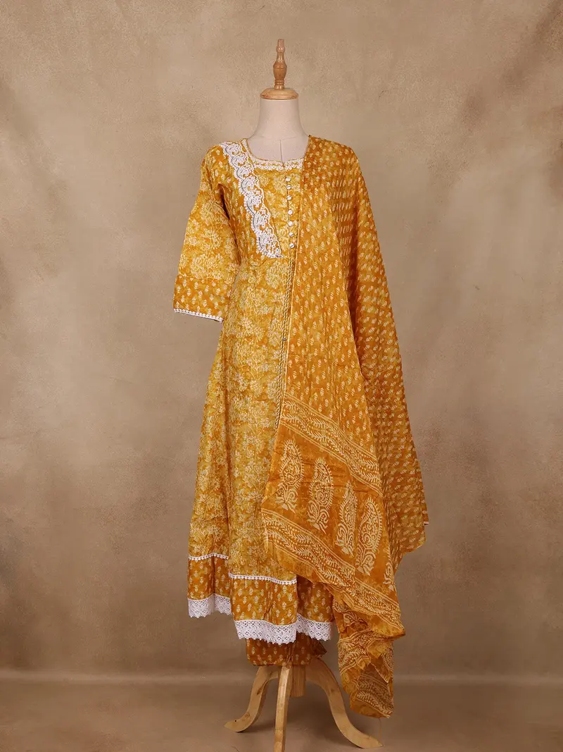 Mustard Floral Printed Cotton Salwar Suit With Dupatta 1