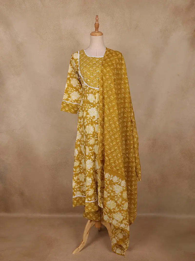 Mustard Floral Printed Cotton Salwar Suit With Dupatta 1