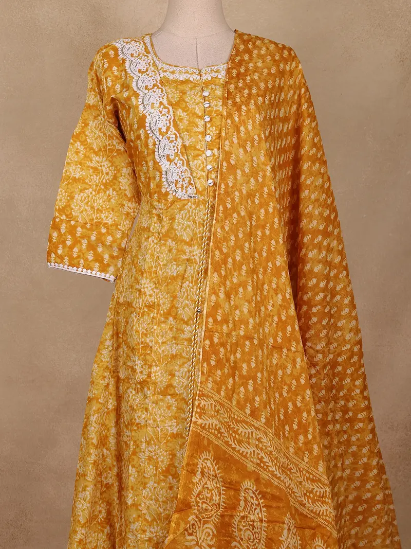 Mustard Floral Printed Cotton Salwar Suit With Dupatta 2