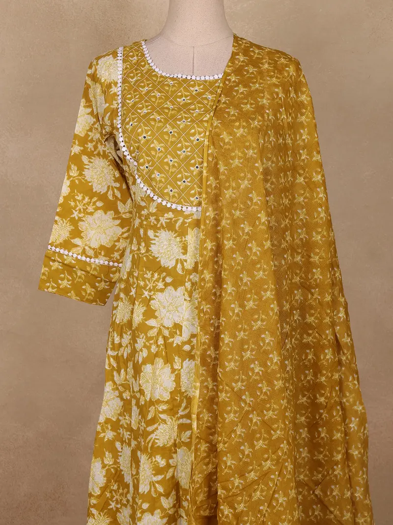 Mustard Floral Printed Cotton Salwar Suit With Dupatta 2