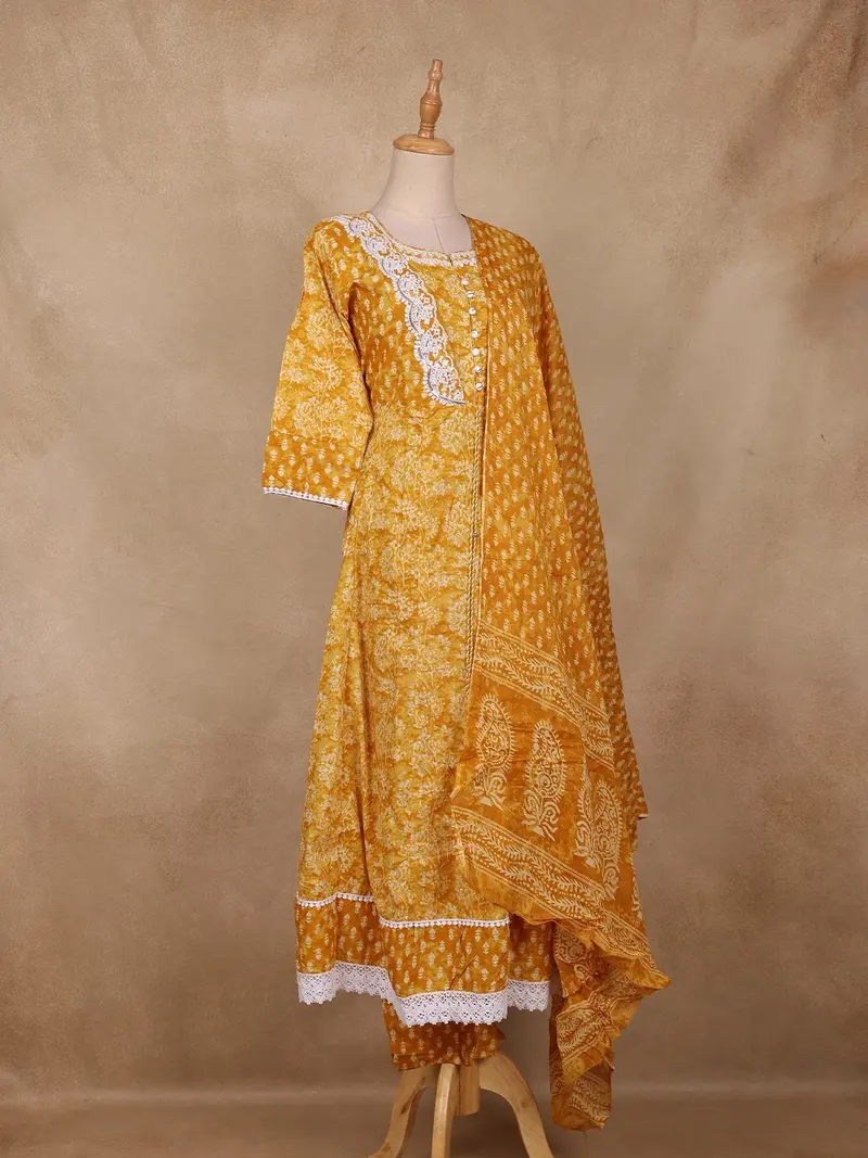 Mustard Floral Printed Cotton Salwar Suit With Dupatta 3