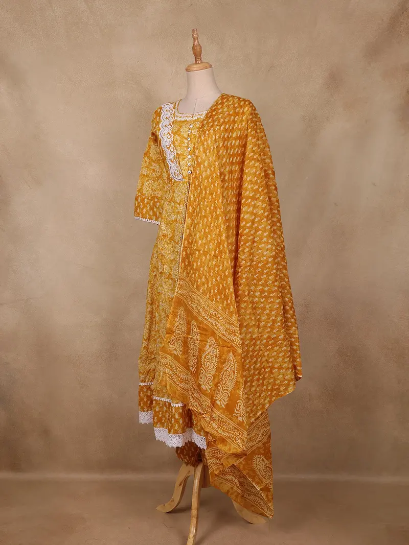 Mustard Floral Printed Cotton Salwar Suit With Dupatta 4