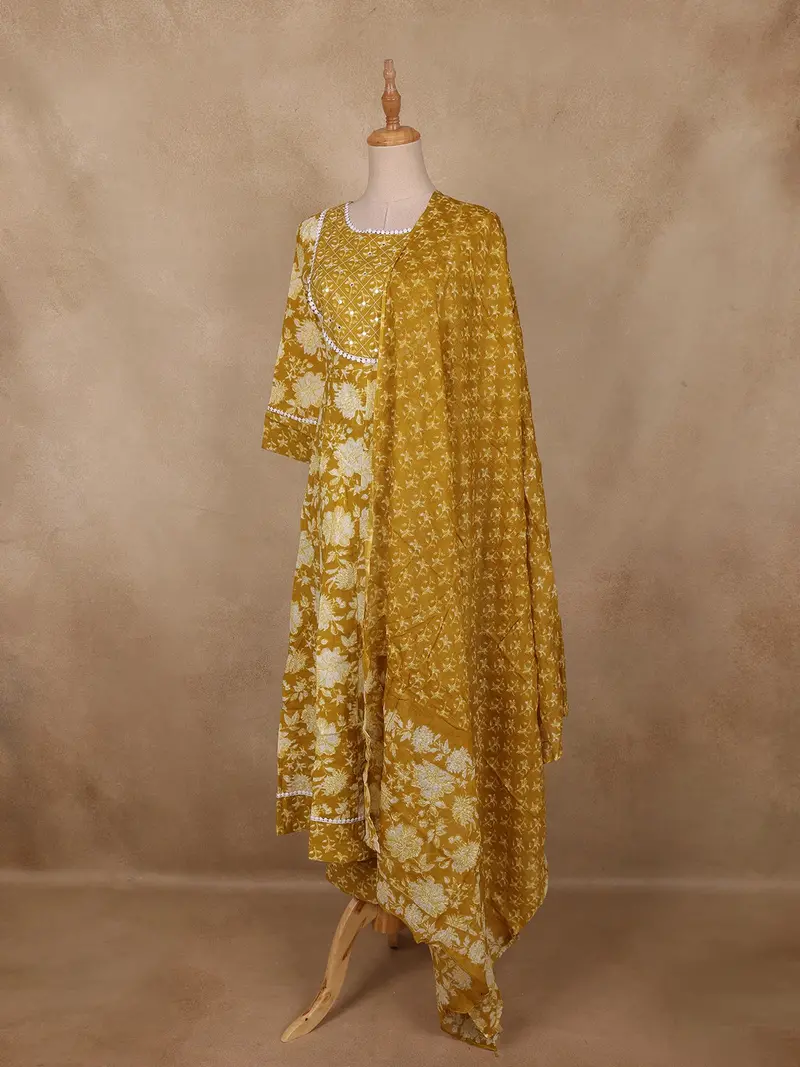 Mustard Floral Printed Cotton Salwar Suit With Dupatta 4