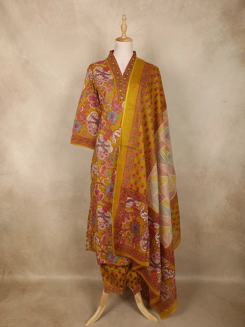 Mustard Floral Printed Cotton Straight Cut Salwar Suit With Dupatta 1
