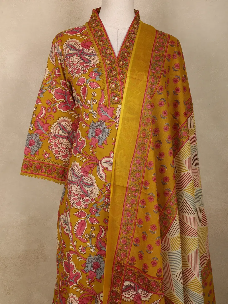 Mustard Floral Printed Cotton Straight Cut Salwar Suit With Dupatta 2