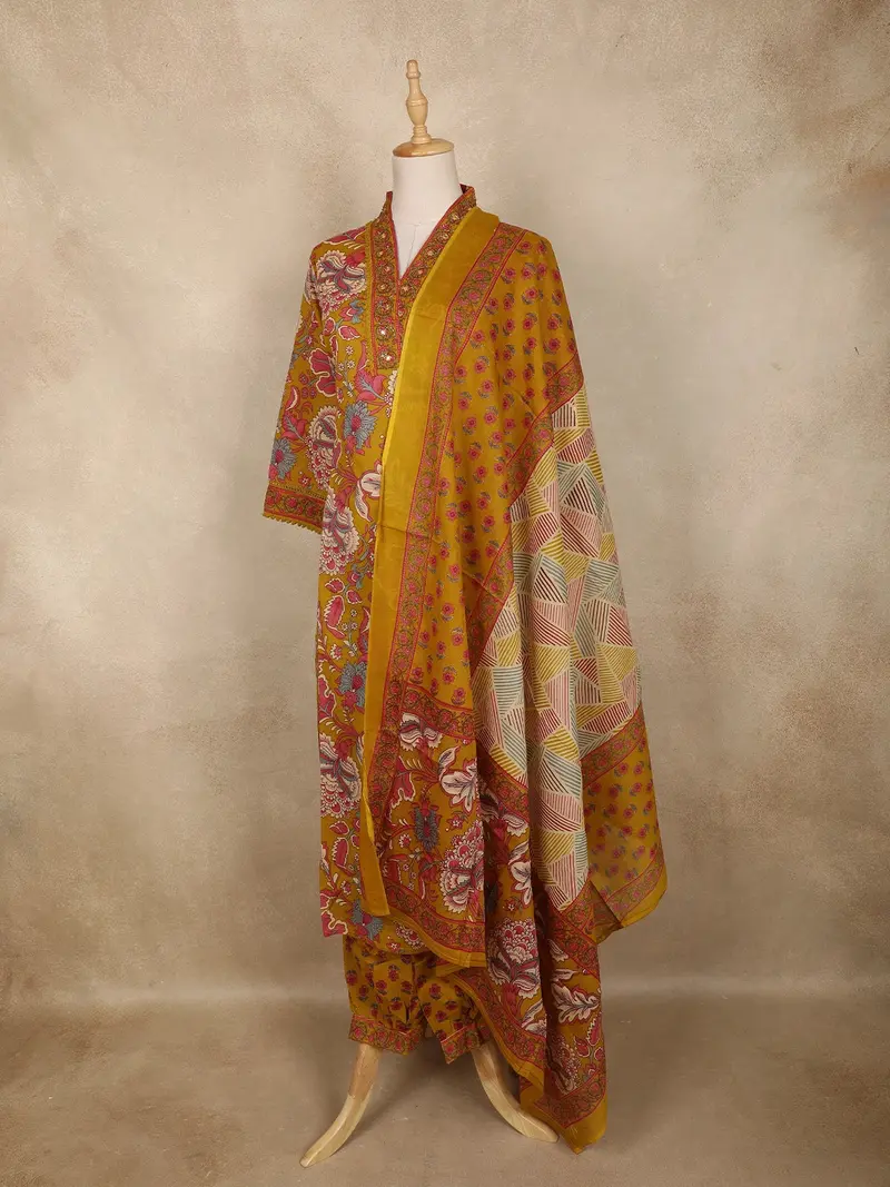Mustard Floral Printed Cotton Straight Cut Salwar Suit With Dupatta 3