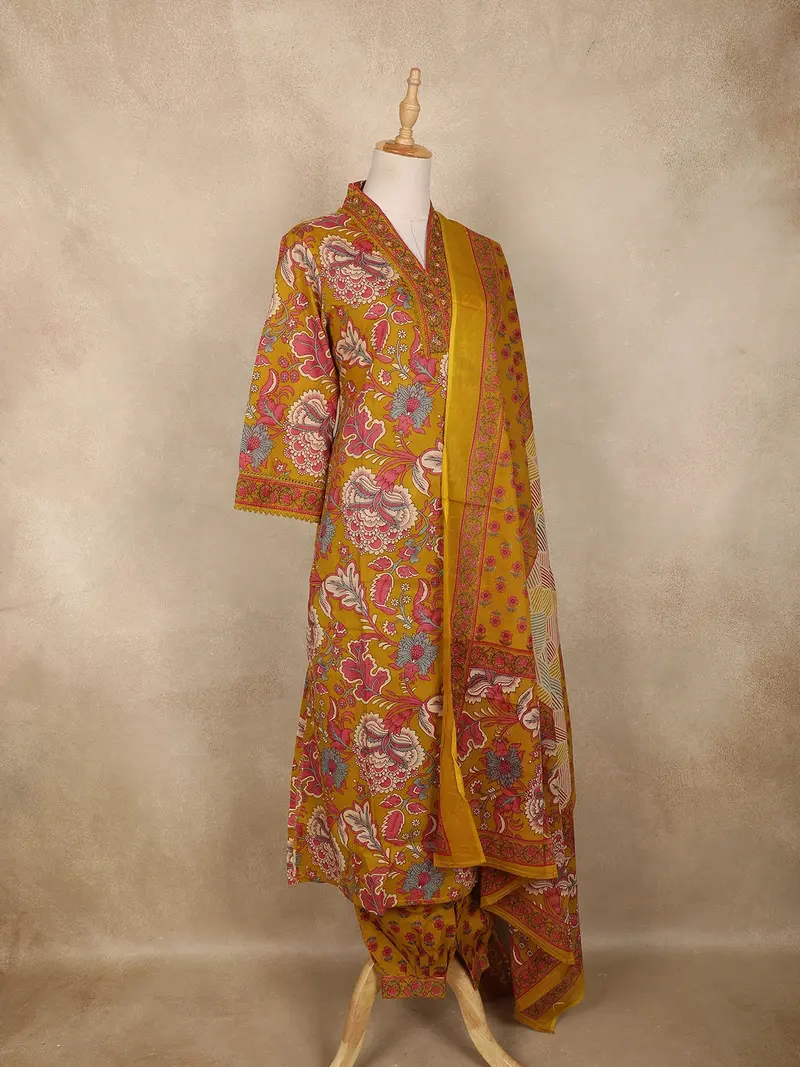 Mustard Floral Printed Cotton Straight Cut Salwar Suit With Dupatta 4