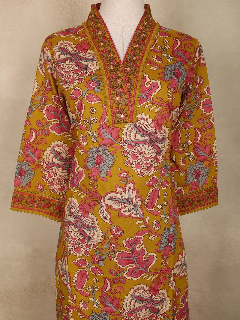 Mustard Floral Printed Cotton Straight Cut Salwar Suit With Dupatta 5
