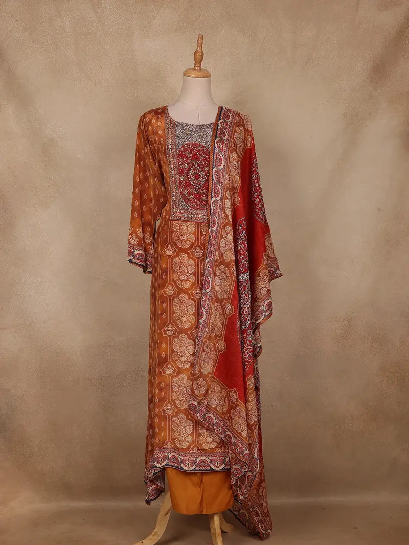 Mustard  Floral Printed Crepe Salwar Suit With Dupatta 1