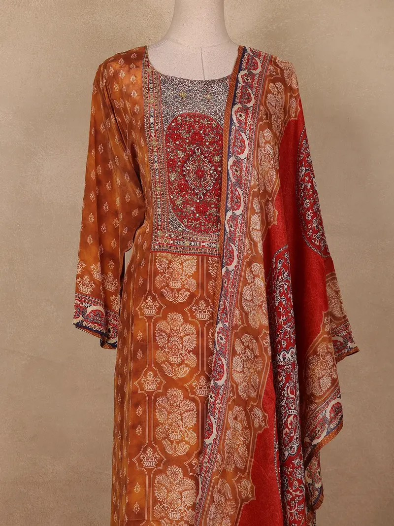 Mustard Floral Printed Crepe Salwar Suit With Dupatta 2