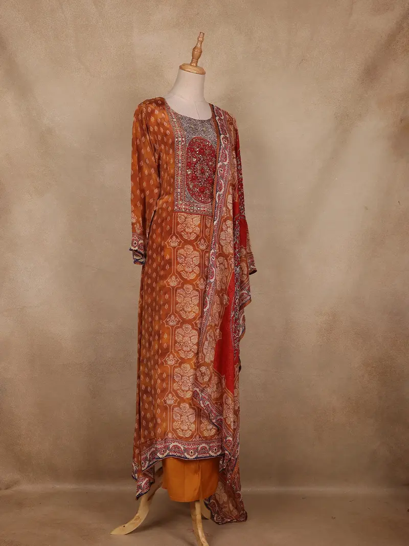 Mustard Floral Printed Crepe Salwar Suit With Dupatta 4