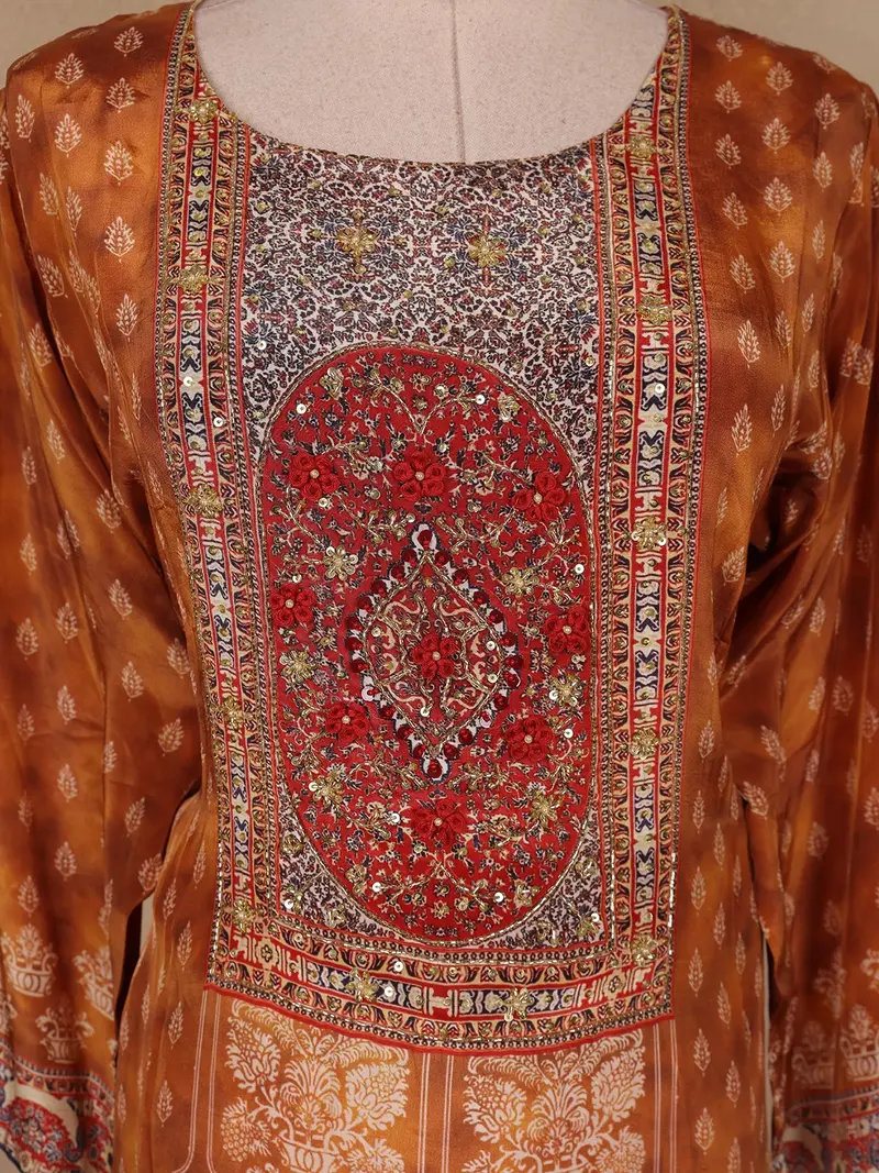 Mustard Floral Printed Crepe Salwar Suit With Dupatta 5