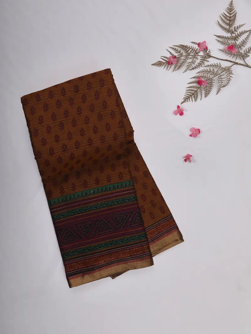 Mustard Floral Printed Karishma Cotton Saree With Multicolor Geometric Border 1