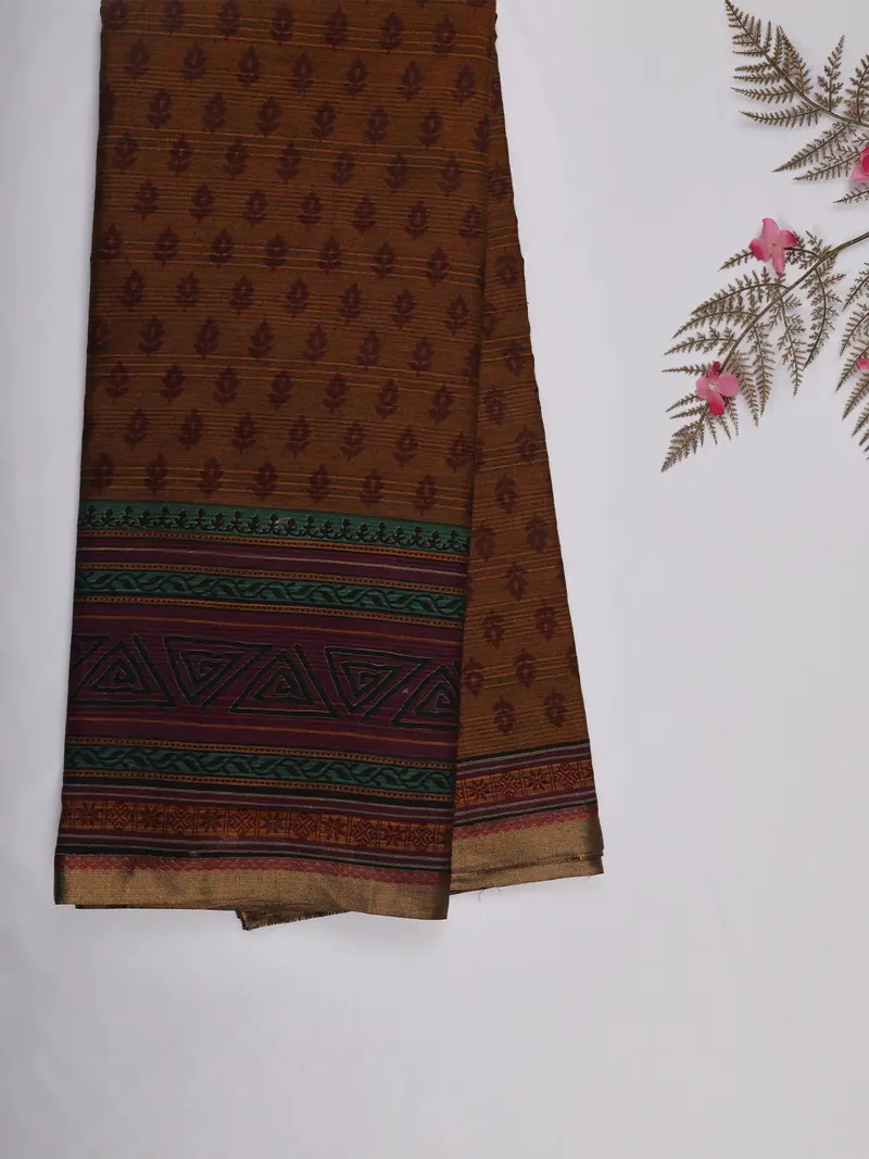Mustard Floral Printed Karishma Cotton Saree With Multicolor Geometric Border 2