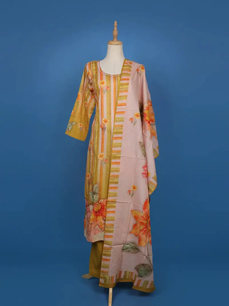 Mustard Floral Stripe Printed Cotton Salwar Suit 1