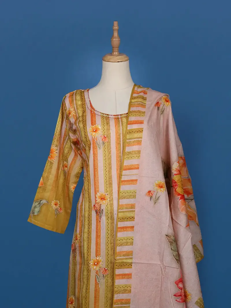 Mustard Floral Stripe Printed Cotton Salwar Suit 2