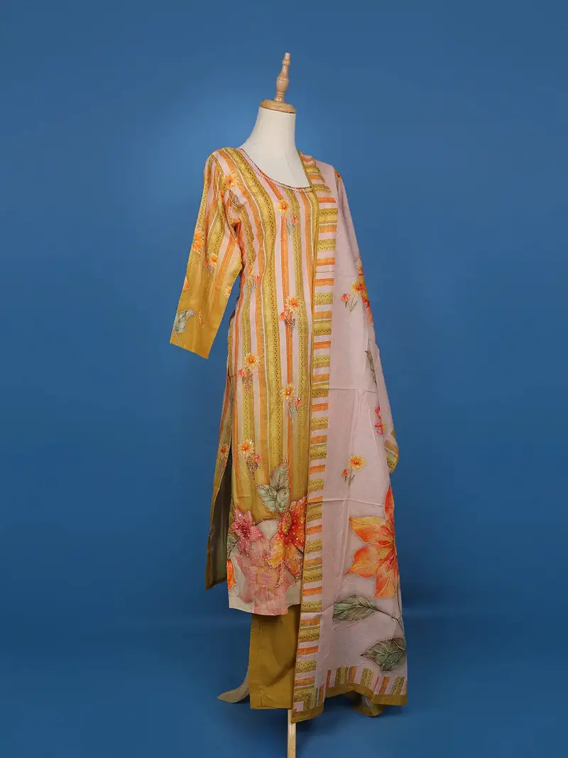 Mustard Floral Stripe Printed Cotton Salwar Suit 3