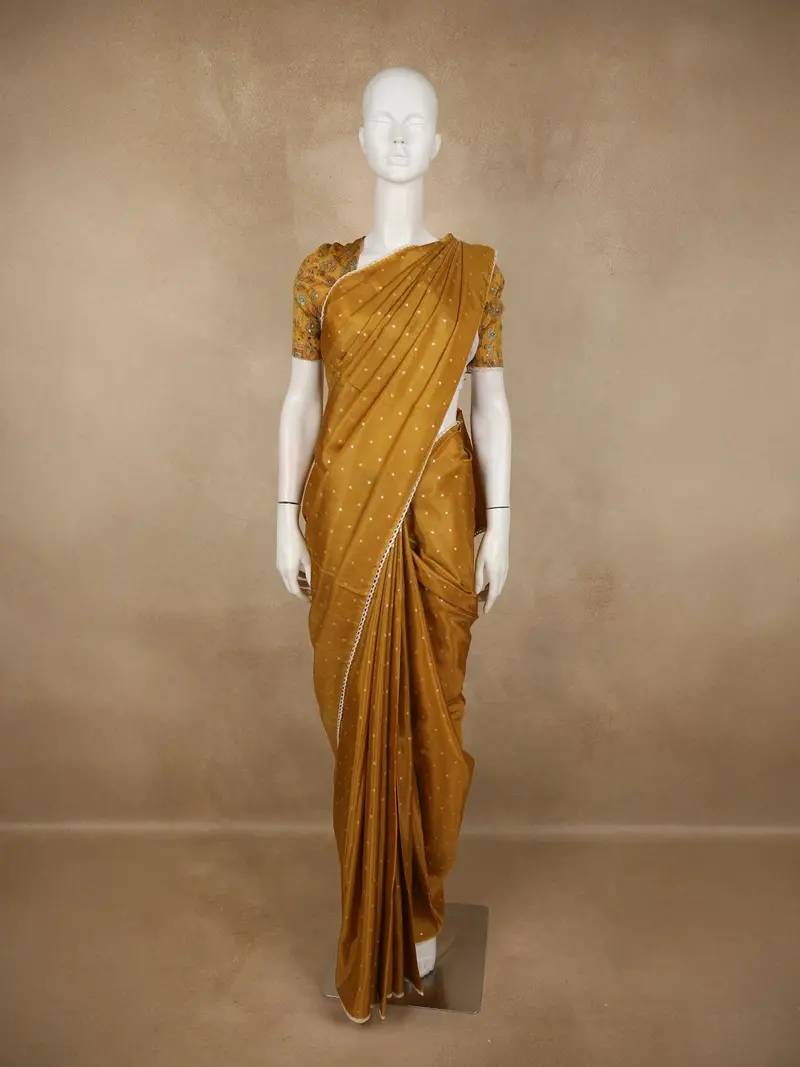 Mustard Gold Butta Woven Design Soft Tissue Saree With Scalloped Border 1