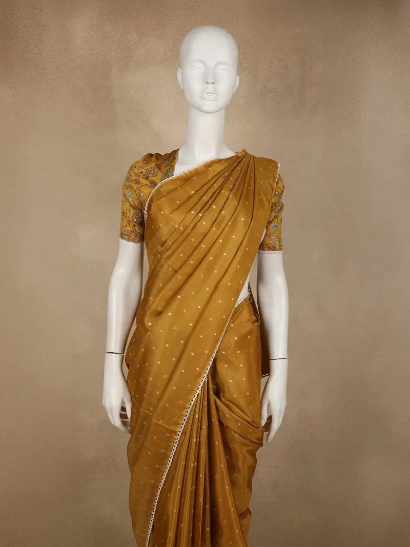 Mustard Gold Butta Woven Design Soft Tissue Saree With Scalloped Border 2