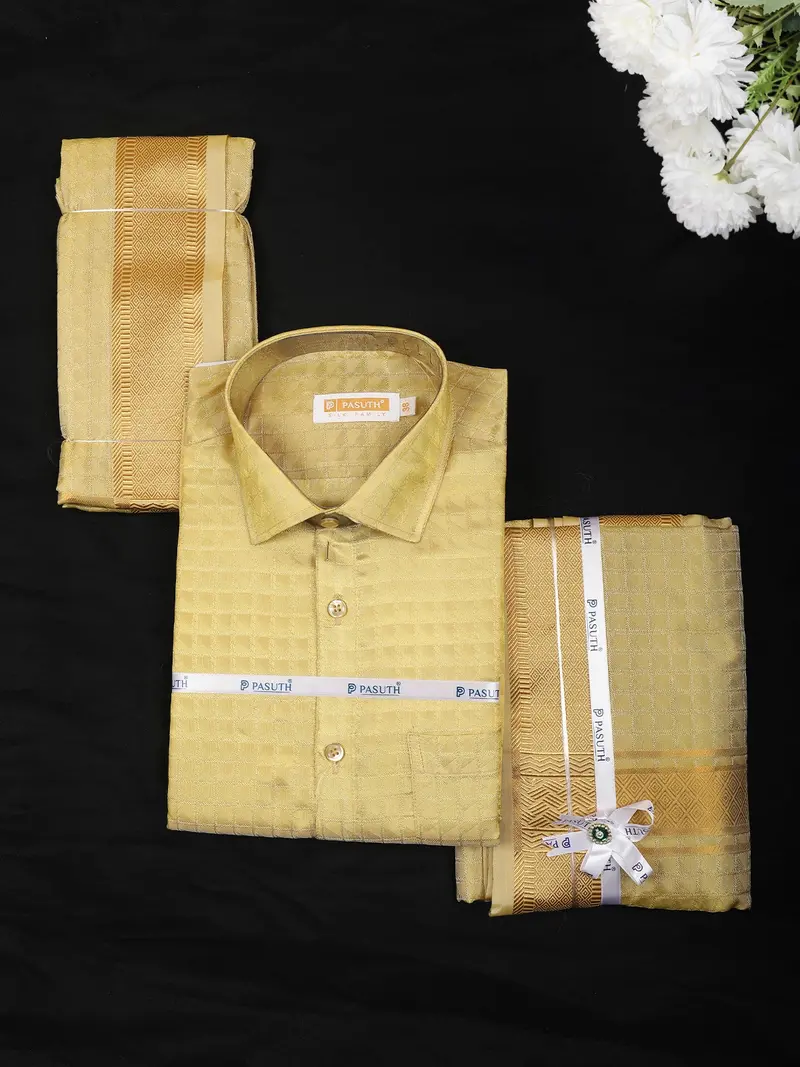 Mustard Gold Checked Woven Design Shirt With Gold Zari Border Matching Dhoti Set 1