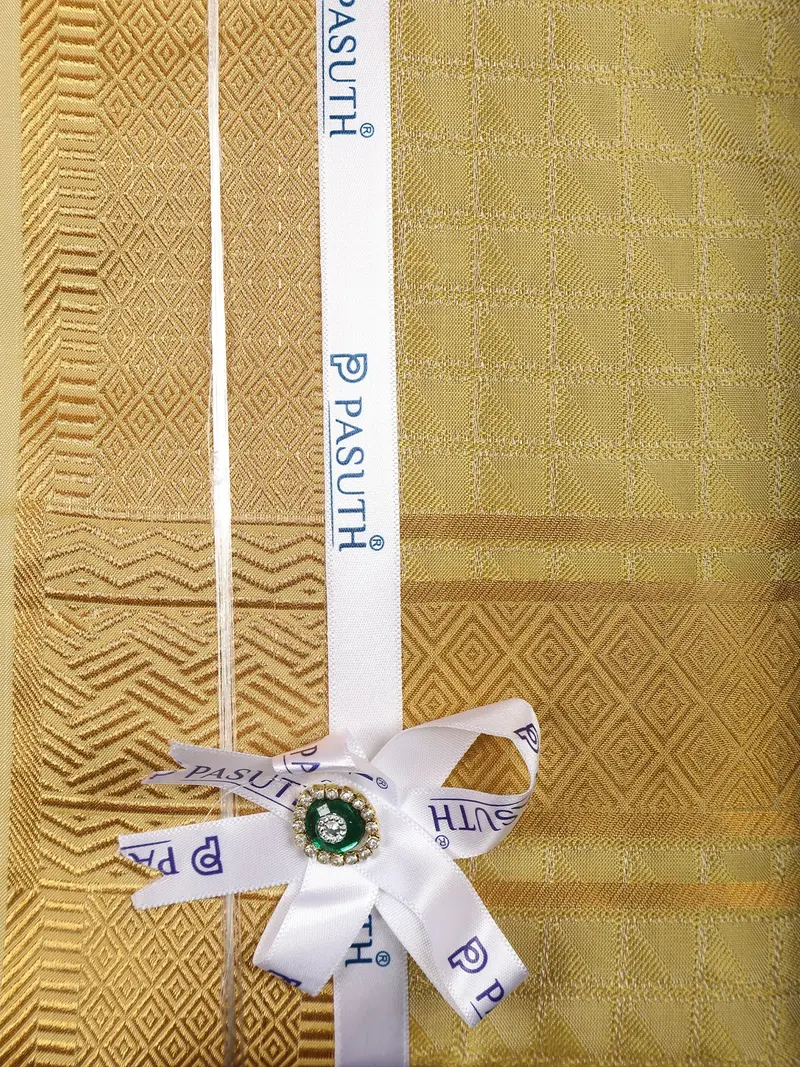 Mustard Gold Checked Woven Design Shirt With Gold Zari Border Matching Dhoti Set 3