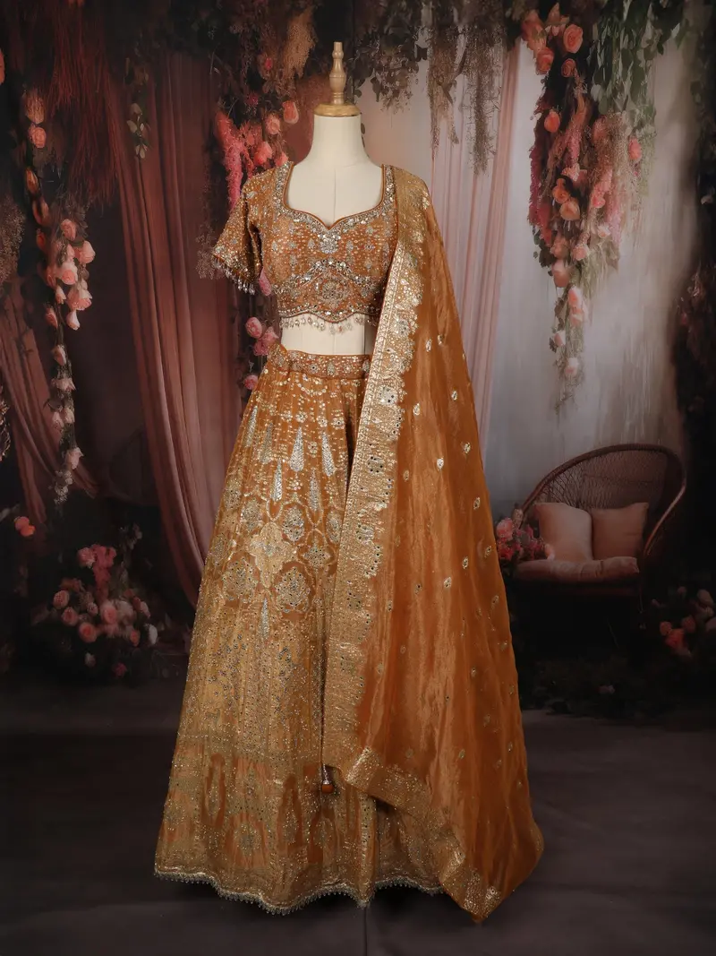 Mustard Gold Floral Beads And Stone Embellished Design Banarasi Silk Lehenga With Dupatta 1
