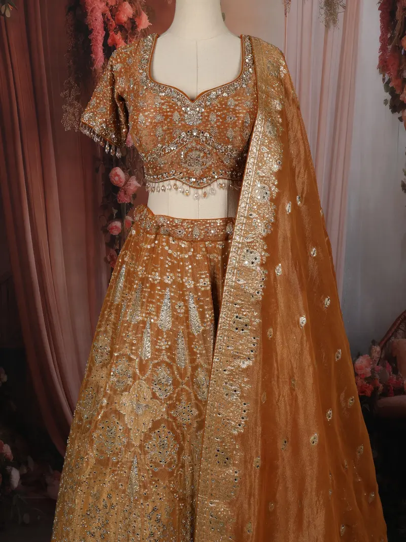 Mustard Gold Floral Beads And Stone Embellished Design Banarasi Silk Lehenga With Dupatta 2