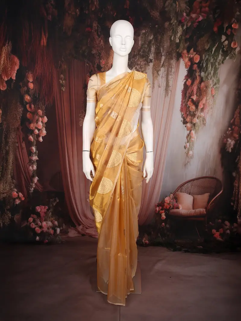 Mustard Gold Floral Butta Woven Design Tissue Saree With Gold Zari Border 1