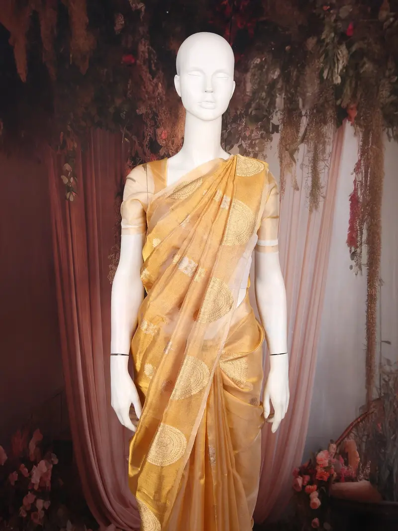 Mustard Gold Floral Butta Woven Design Tissue Saree With Gold Zari Border 2