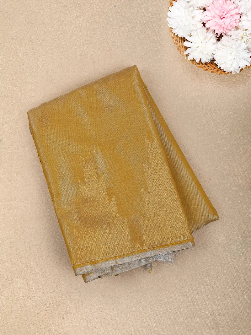 Mustard Gold Floral Butta Zari Woven Design Tissue Designer Saree With Temple Border 1