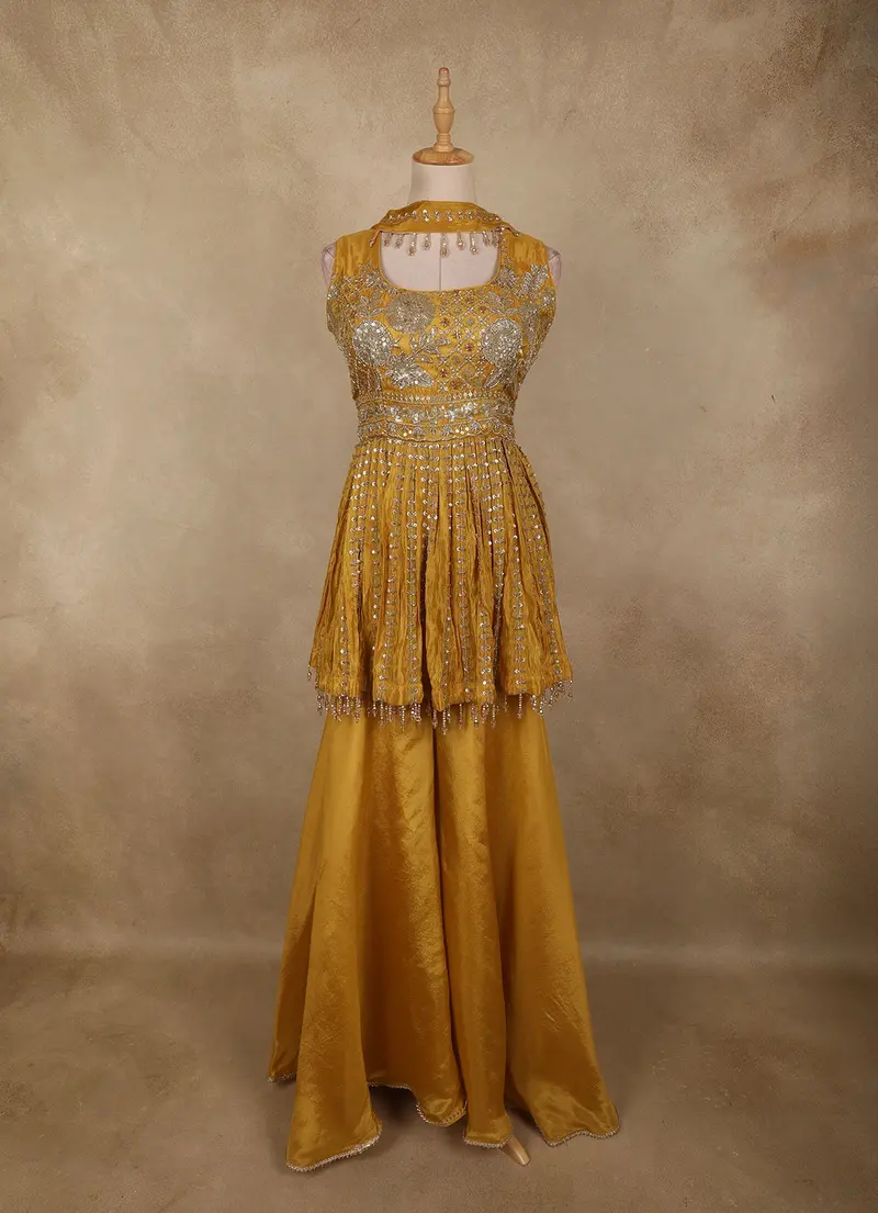 Mustard Gold Floral Sequins And Beads Embroidered Design Tissue Peplum Palazzo Suit With Dupatta 1