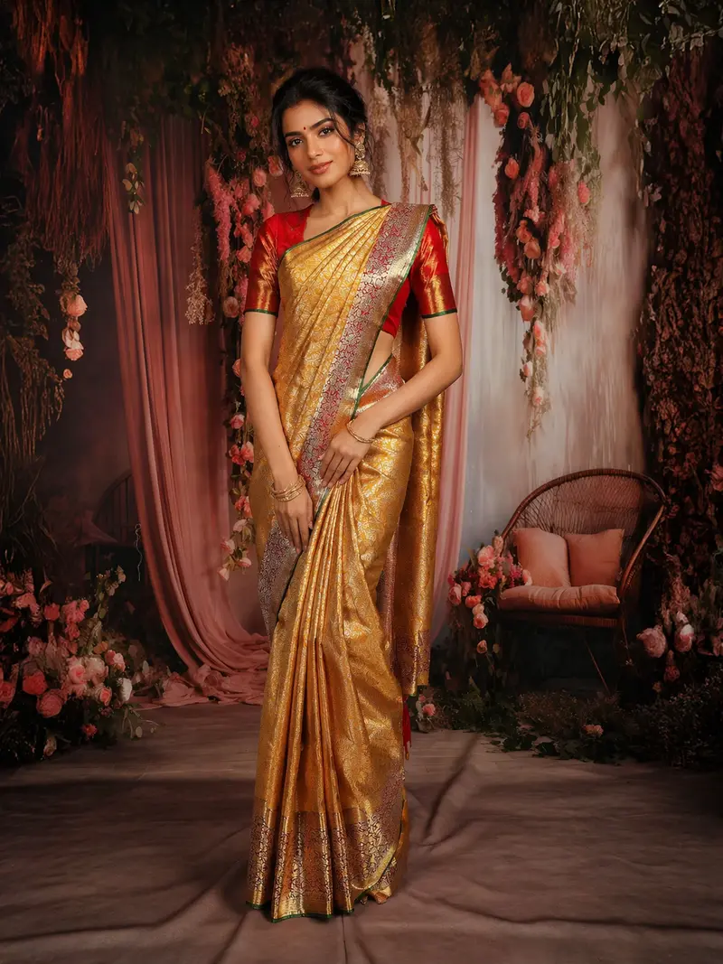 Mustard Gold Floral Woven Design Pure Kanchipuram Silk Bridal Saree With Contrast Red Border 1