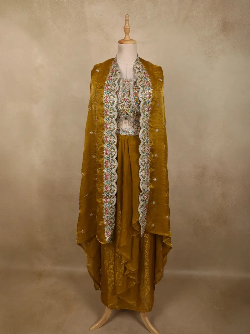 Mustard Gold Floral Zari Embroidered Design Organza Indo Western Skirt Top With Over Coat 1