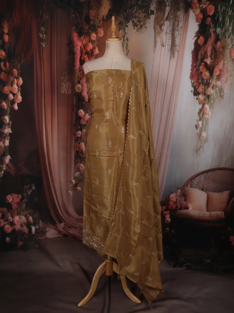 Mustard Gold Floral Zari Embroidered Design Tissue Unstitched Salwar Material With Dupatta 1