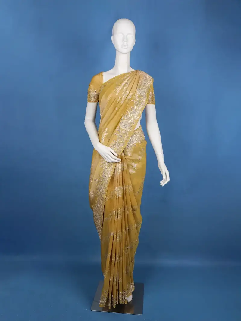 Mustard Gold Floral Zari Sequin Embellishment Organza Saree 1
