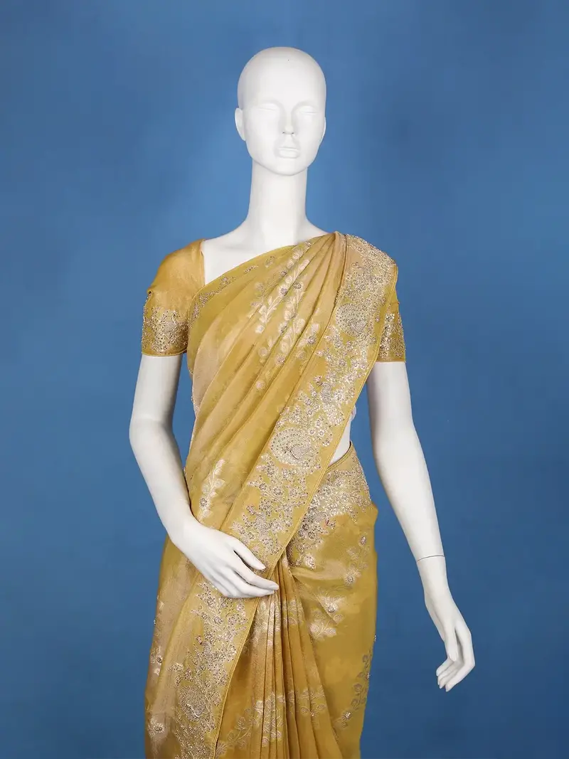 Mustard Gold Floral Zari Sequin Embellishment Organza Saree 2