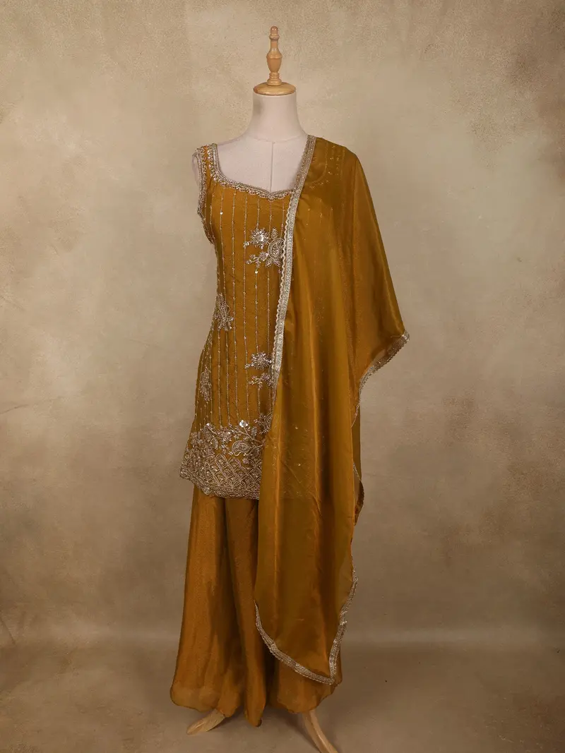 Mustard Golden Yellow Floral Sequins Embroidered Design Organza Palazzo Suit With Dupatta 1