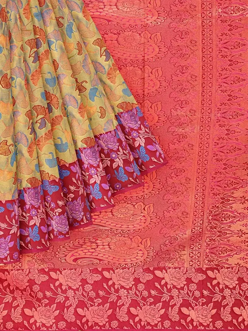 Mustard Green Art Silk Saree With Floral Motif On The Body And Contrast Border 1