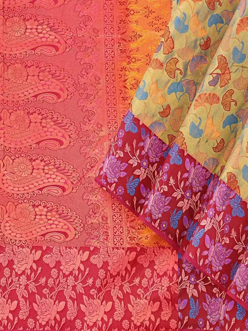 Mustard Green Art Silk Saree With Floral Motif On The Body And Contrast Border 2