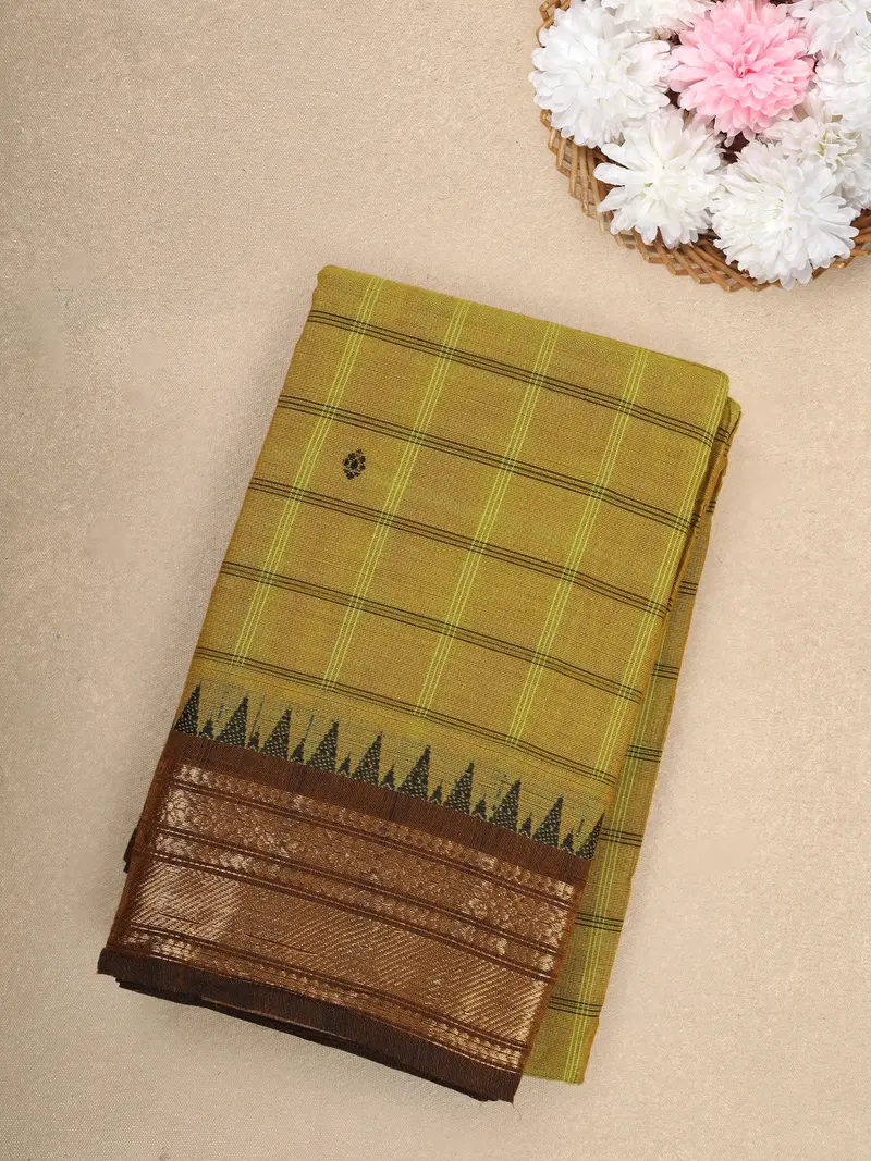Mustard Green Checks Design Cotton Saree With Brown Zari Woven Border 1