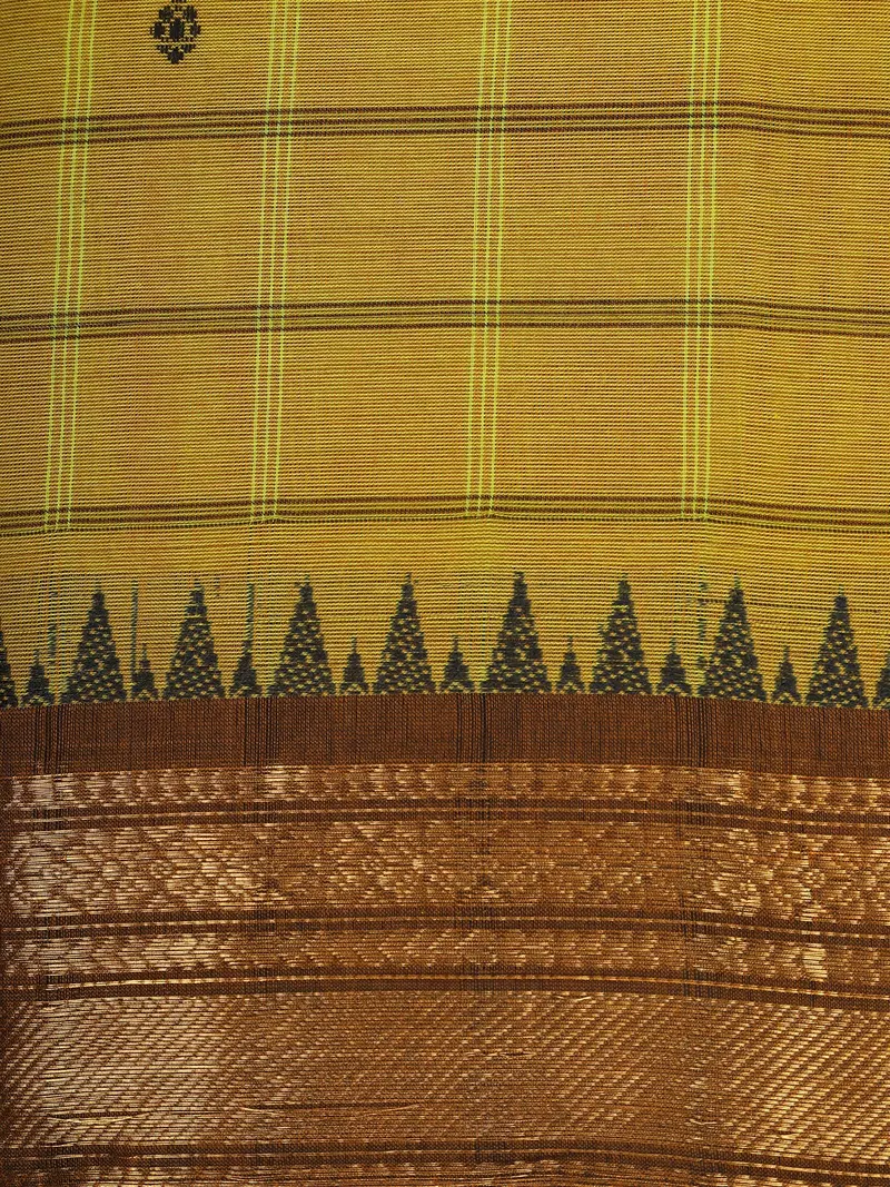 Mustard Green Checks Design Cotton Saree With Brown Zari Woven Border 2