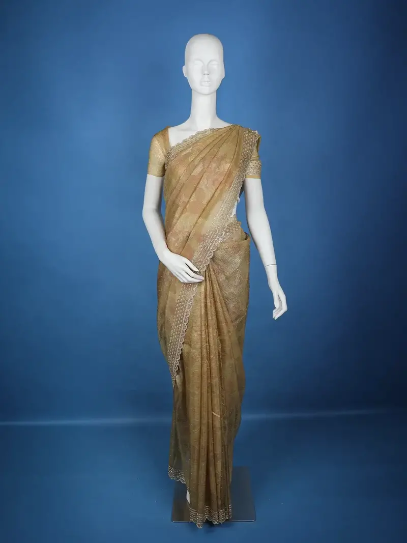 Mustard Green Floral And Sequins Organza Designer Saree 1