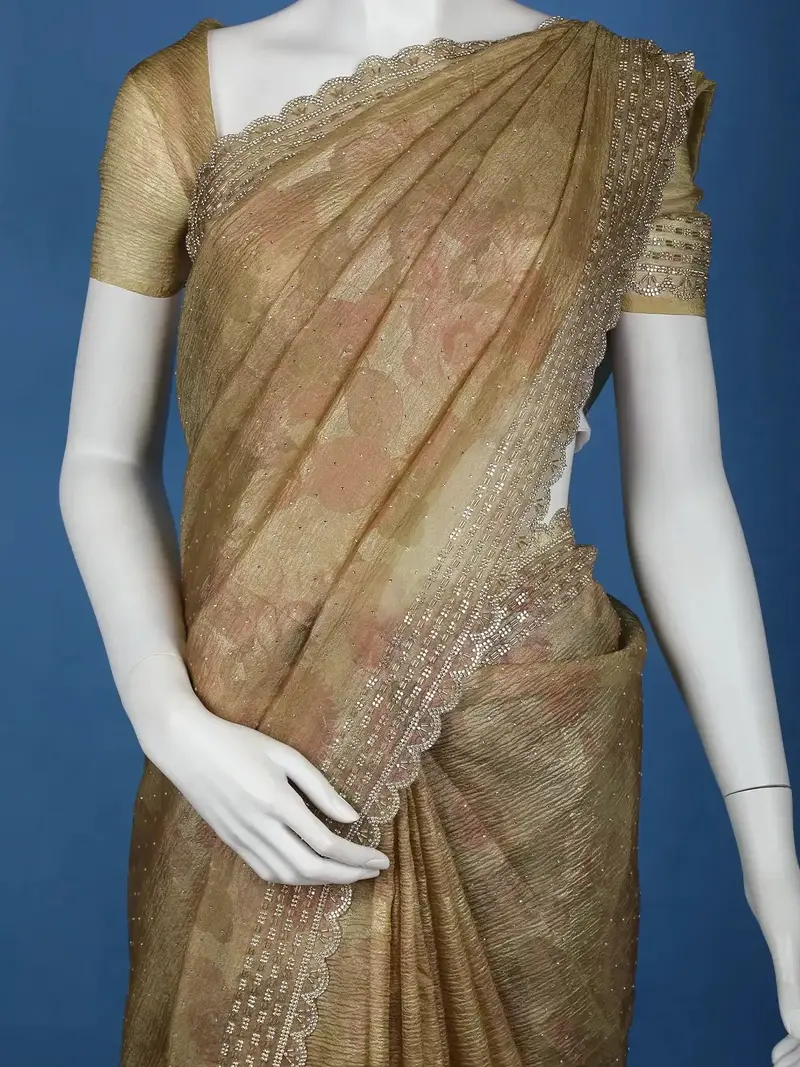 Mustard Green Floral And Sequins Organza Designer Saree 2