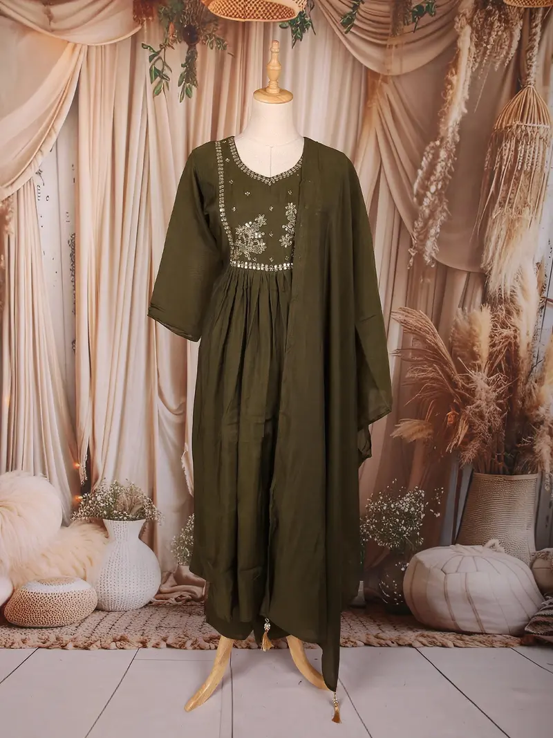 Mustard Green Floral Beads Embroidered Design Cotton Anarkali Salwar Suit With Dupatta 1