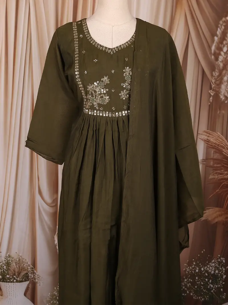 Mustard Green Floral Beads Embroidered Design Cotton Anarkali Salwar Suit With Dupatta 2