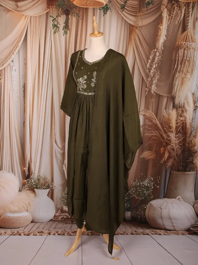 Mustard Green Floral Beads Embroidered Design Cotton Anarkali Salwar Suit With Dupatta 3