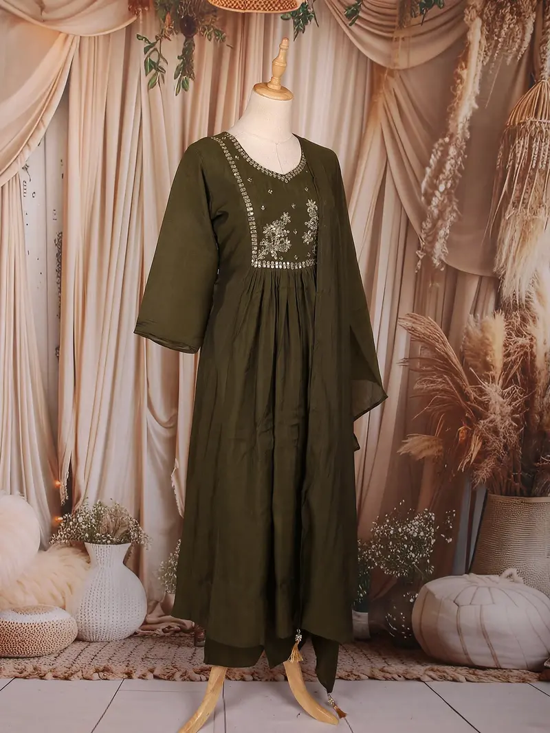 Mustard Green Floral Beads Embroidered Design Cotton Anarkali Salwar Suit With Dupatta 4